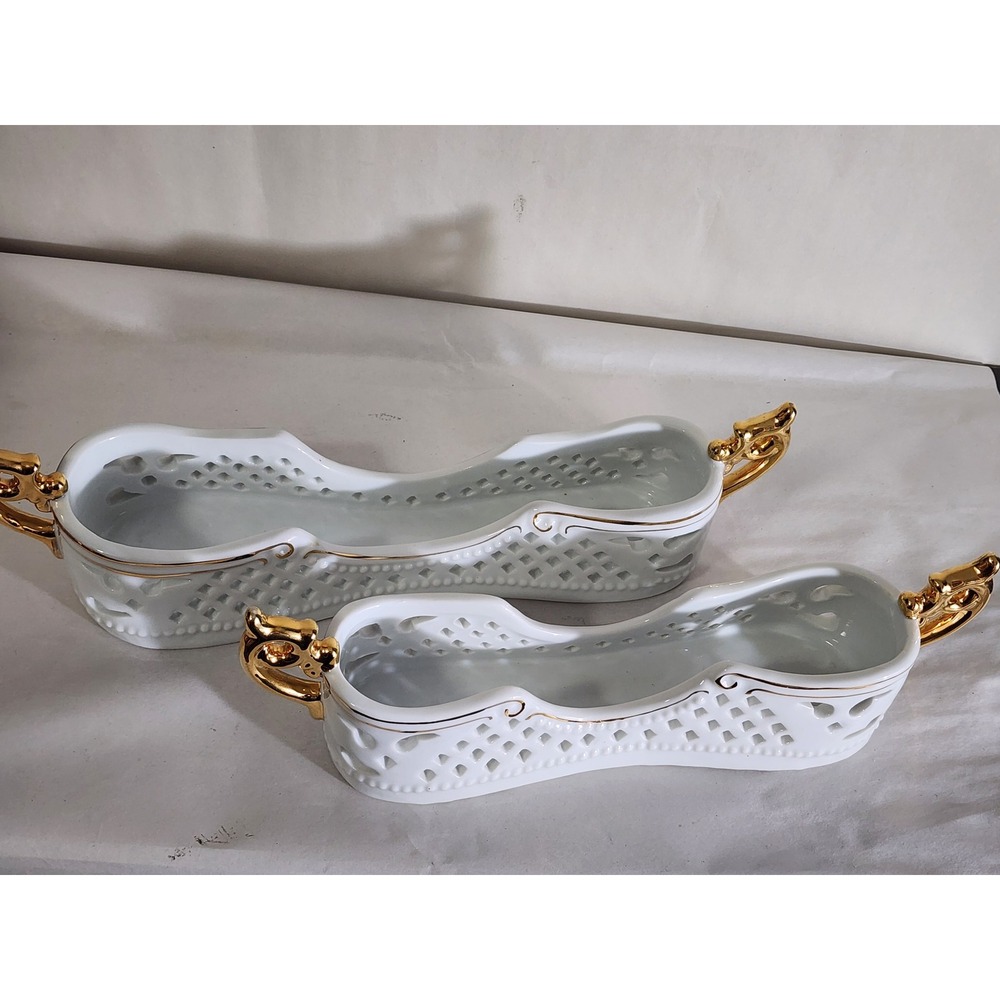 Vintage Porcelain Treasures White Gold Reticulated Flatware Utensil Holders 2